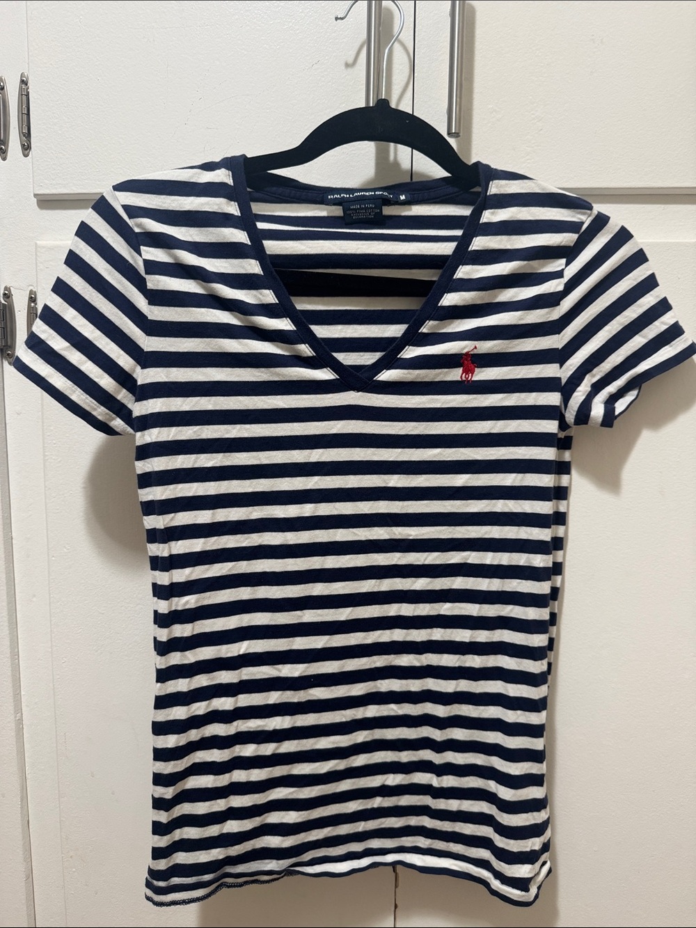 Ralph Lauren Navy & White Striped V-Neck Tee with Red Pony